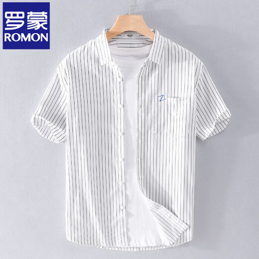 ROMON men's pure cotton short-sleeved shirt Japanese casual summer thin new striped shirt trendy splicing top 9740 white M