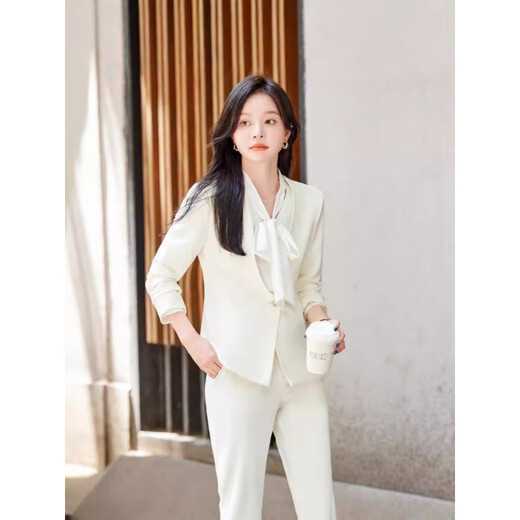 Zi Mei Qiao new spring clothing women's long-sleeved suit suit jacket wide-leg pants cosmetics beauty long-sleeved professional work clothes white single-piece suit XL (recommended 110-120 Jin Jin equals 0.5 kg)