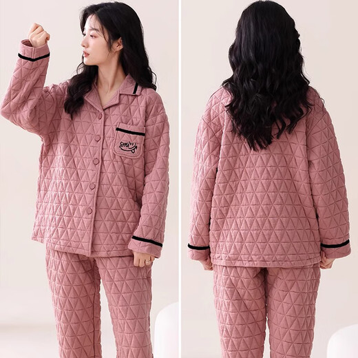 芊之雅（QIANZHIYA）冬天空气棉纯棉睡衣女生薄夹棉套装家居服加棉加层保暖中年居家服 YUT-YH683# 女L