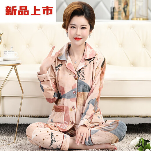 莫代尔中老年人妈妈珊瑚绒睡衣女秋冬季加厚保暖大码海岛绒法兰绒家居服 Y9227 M