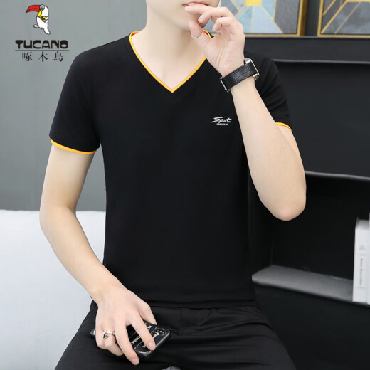 啄木鸟（TUCANO）青年纯棉v领半袖t恤夏季男士新款纯色鸡心领潮流短袖体恤衫帅气 白色 QY691 M 90-100斤