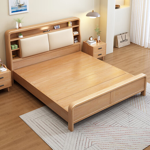 Nordic style all solid wood bed 1.8m double master bedroom king bed multifunctional storage night light bed full bed board 2308#