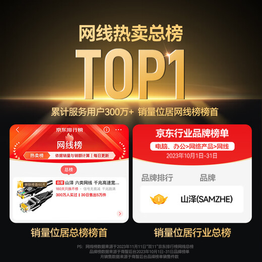 Shanze Category 6 network cable 10-meter Gigabit high-speed network broadband cable Category 6 engineering home computer router monitoring cable CAT6 eight-core twisted pair finished jumper black WD6100