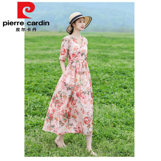 Pierre Cardin Estilo retro étnico Falda larga para mujeres Summer Reducir Madre M Mother traje de encaje de encaje que abraza el vestido de lino de algodón para el algodón de algodón 683 rosa 3xl