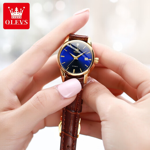 
OLEVS Swiss certified brand watch women's fully automatic mechanical watch calendar luminous waterproof high-end quartz watch [Mechanical watch] Brown leather gold blue surface-6629