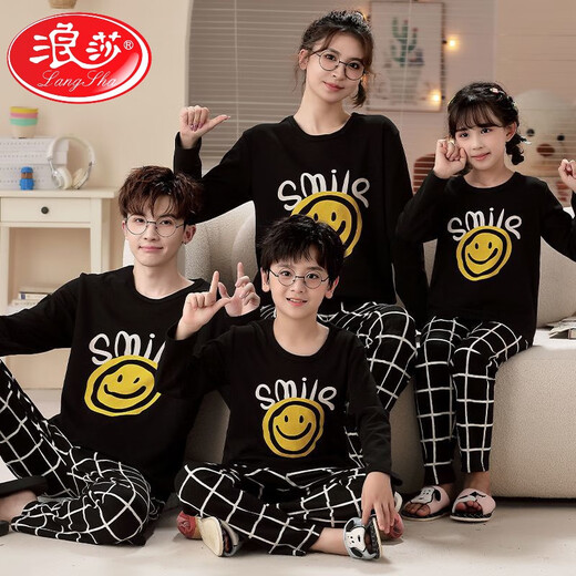 浪莎（LangSha）亲子睡衣纯.棉春秋款一家三口四口母女装父子装儿童家居服套装 723棕格子熊 M 妈妈L码(165c110斤)