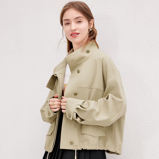 Betu Women's Spring New Style Windbreaker Temperament Stand Collar Short Drop Shoulder Sleeve Windbreaker Jacket Women 2401T47 Khaki L