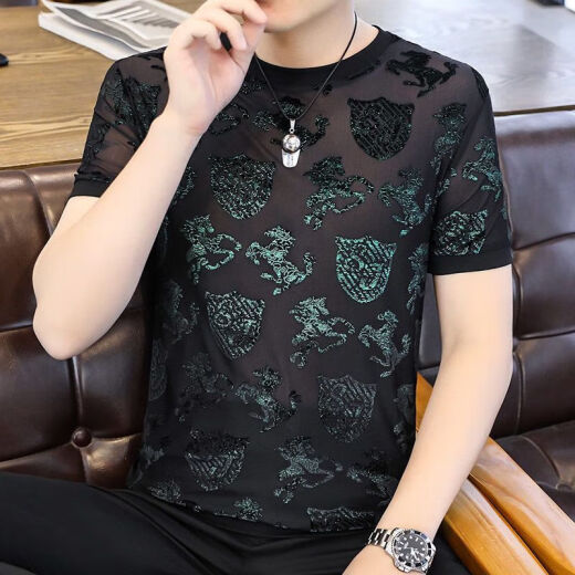 Zhidoudou acluciendo bienes europeos de hielo masculino seda hueco de colas cortas de manga corta para hombres 2023 top ropa moderna hombres 3893 verde m -120jin [Jin equivale a 0.5 kg]