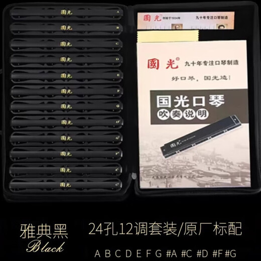 国光口琴套装7支12特别调#ABCDEFG调复音重音24孔专业演奏级成人 24孔 亮光黑12调套装 +全套赠品