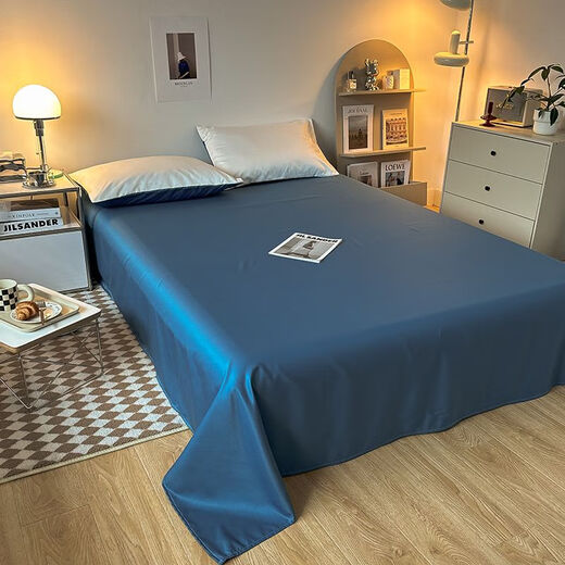 舒炫夏季单件纯色单双人1.5m冰丝丝滑裸睡被单学生宿舍 洛可可-宾利蓝+灰【床单为灰】 230x250cm单件床单+枕套2只