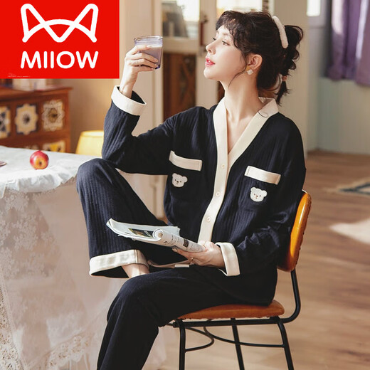 猫人（MiiOW）品牌睡衣女春夏款纯棉长袖新款韩范秋冬季风女士纯色薄家居服套装 ks长 袖套装女：x竹绿9902 XL 110-130斤