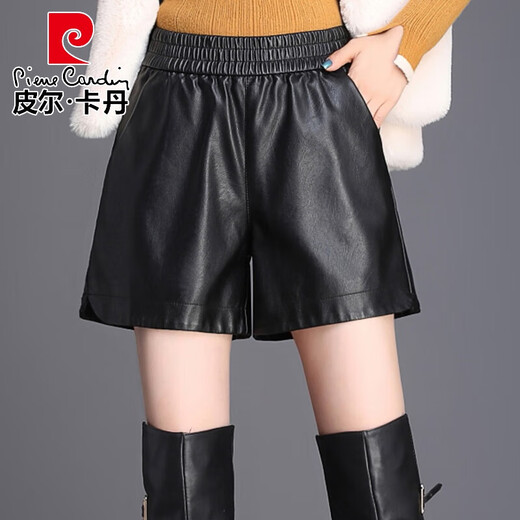 Pierre Cardin 2025 Autumn and Winter New Versatile Outerwear PU Leather Shorts for Women Fat mm Elastic Waist 200 Jin Jin equals 0.5 kg Loose and slimming wide legs 6689 black L Recommended 90-110 Jin Jin equals 0.5 kg