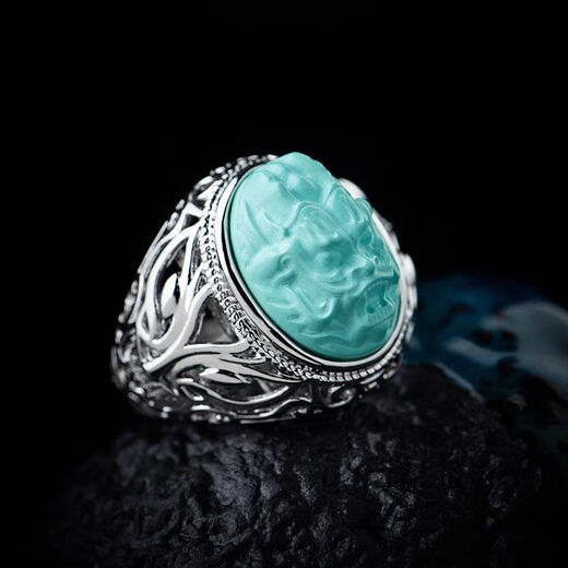 Fat Donglai's same style men's turquoise ring raw ore high porcelain silver women's domineering carved dragon head zodiac dragon ring without engraving pattern - silver holder style random