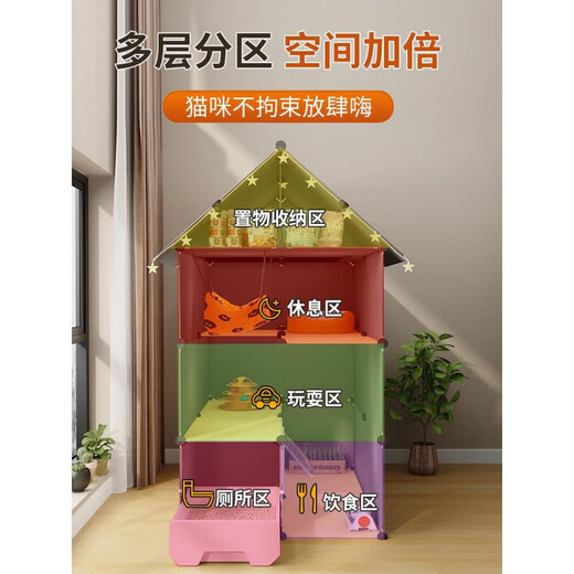 Cat cage with toilet integrated suitable for large and small kittens. Cat cage for home indoor with cat litter box and toilet integrated. Super large 3-layer 75*75*145 multi-platform large space. Luxurious cat nest + cat bowl + cat hammock + basic model.