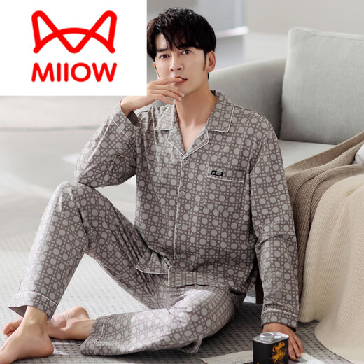 Catman (Miiow) Pyjamas für Männer Frühling und Herbst Reine Baumwoll-lange Ärmel 2025 Neuer Herbst mittlere und ältere Vater Männer Dünne Herbst- und Winter-Heimkleidung 3882 m (165 Größe) empfohlen, Gewicht zu tragen 100-125