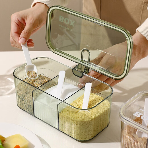 Seasoning box integrated multi-compartment home kitchen high-end MSG salt seasoning jar multi-functional storage box combination set large three compartments - transparent green
