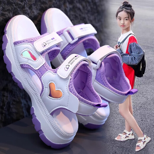 Hot-Blooded Jordan Brand Off-Code Girls Sandals 2026 Summer New Children's Anti-Slip Soft Bottom Beach Shoes for Big Children and Girls to Wear 666 Purple 35