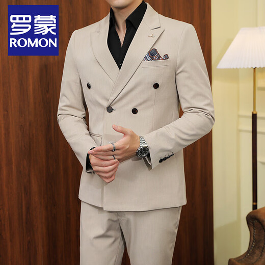 ROMON white double-breasted small suit men's suit Korean version slim casual high-end suit jacket groom wedding dress white two-piece set XL