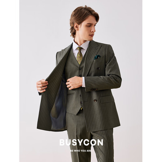 BUSYCON西服套装男士高端羊毛新郎结婚商务外套双排扣戗驳领男西装三件套 清新绿(单上衣)高品质 S 46 参考体重108斤-120斤