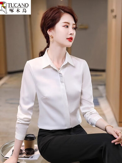 Woodpecker acetate satin shirt for women 2026 new autumn and winter velvet thickened small high-end professional chiffon shirt top single white shirt 1 S (suitable for 8089Jin Jin equal to 0.5 kg)