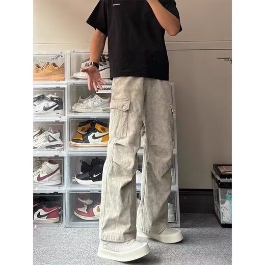 Bo Mingchen pleated casual pants for men in autumn and winter new American multi-pocket overalls handsome loose straight wide-leg pants for men apricot L recommended 120-135 Jin Jin equals 0.5 kg