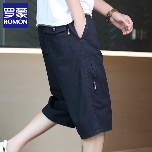 罗蒙（ROMON）纯棉短裤男士潮流夏季薄款宽松大码百搭直筒运动商务休闲七分裤 黑蓝色 3XL