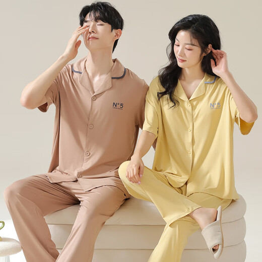 维秘艾米丽莎莫代尔情侣睡衣女春夏季款短袖长裤薄款家居服男女士开衫大码套装 N12109女N12309男 M 女