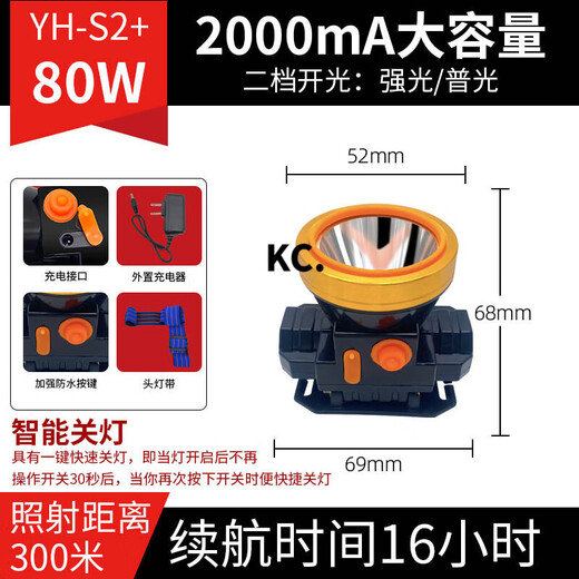 
Drill rear headlight outdoor waterproof charging headlight lithium battery flashlight strong light headlight headlight medium high bright dual lithium battery YH-1278S upgraded version/