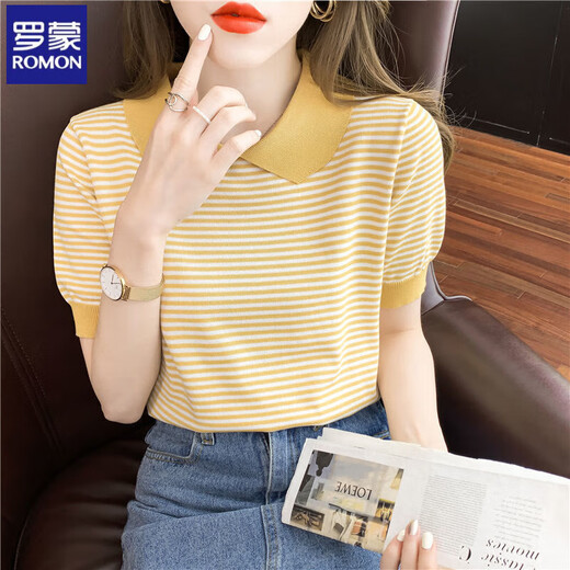 Romon striped doll collar short-sleeved T-shirt for women 2025 summer new ice silk sweater thin small age-reducing top DX691# yellow M Recommended 100-120Jin [Jin equals 0.5 kg]
