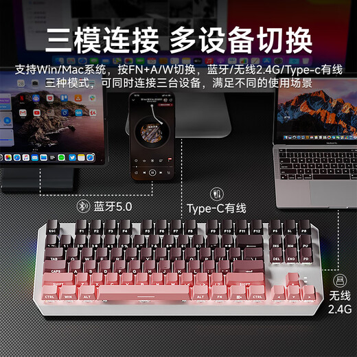 前行者TK870无线机械键盘鼠标套装蓝牙三模高颜值黑莓侧刻104键游戏电竞台式笔记本电脑办公有线通用外设 黑莓侧刻-87键【无线蓝牙三模版】白光+无线鼠标 红轴（轻声舒适）
