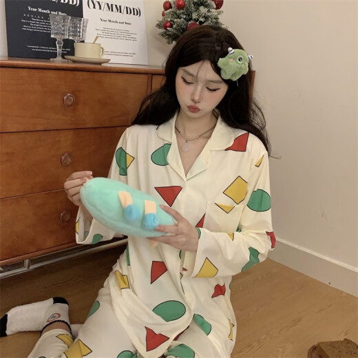 嘉绸睡衣少女春秋季长袖长裤柔软棉翻领开衫学生休闲简约可外穿家居服 YX1105 M 150-163cm80-100斤