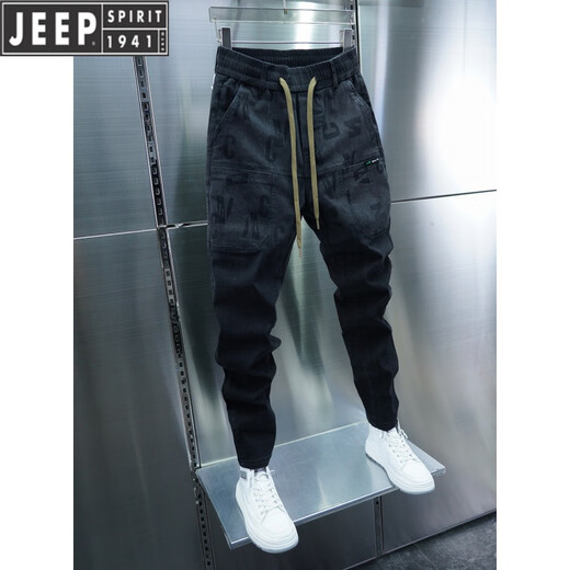 吉普（JEEP）夏季新款男士多口袋休闲裤渐变色字母修身小脚牛仔裤弹力哈伦裤潮 黑色 31 建议130-140斤