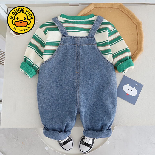G.DUCKKIDS little yellow duck baby boy autumn overalls set 2024 new baby children's clothing children's spring and autumn long-sleeved clothes green pineapple suspenders 2-piece set 80cm
