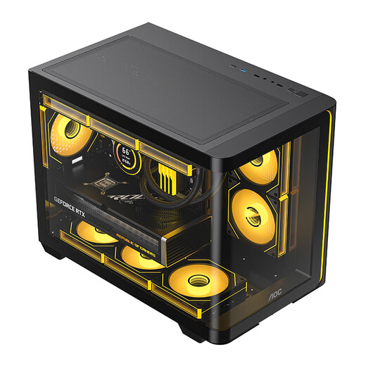 AOC Zhentian Bow CG355 schwarzer MATX-Desktop-Computer mit Meerblick, integriertes gebogenes Glas/360-Grad-Wasserkühlung/ARGB-Lichtleiste/linkes und rechtes Fach/Schnellverschluss-Design