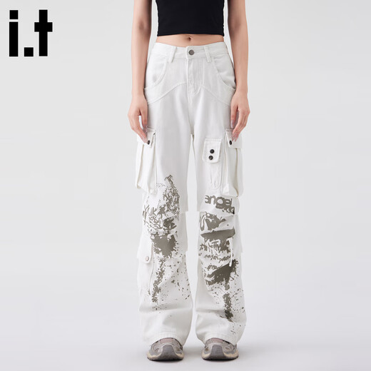 : Chocoolate It Multipocket-Arbeitsjeans für Frauen im Sommer 2025 neuer Stil personalisierter Graffiti-Weitbein-Hosen weiß [offizieller Authentic] xs