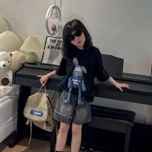 ZRTY cute girls cartoon summer doll shirt children's short-sleeved top outer wear new Korean style big children loose black 130 125 or so height