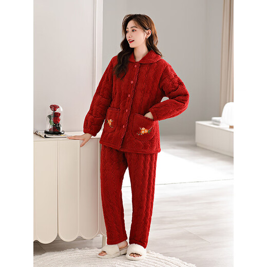 意芬（Arachne）轻奢品牌女士睡衣女新款冬季三层加厚珊瑚绒夹棉红色本命年家居服 9276 L 【建议100-120斤】