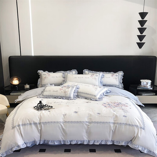 Mercury Series Small Fresh Cotton Washed Cotton Four-piece Set Girly Heart Flower Embroidery Lotus Leaf Lace Quilt Cover Pure Cotton Bedding Hot Sale-Xinjiang Cotton-Dielianhua-Mist Blue 1.8m Sheet Style Four-piece Set Quilt Cover 200*230