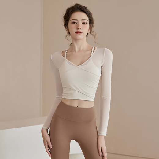 LULU CENTURY yoga clothing top for women new style with chest pad sports fitness Pilates training clothing autumn and winter quick-drying long-sleeved suit for women milk white top long-sleeved top + vest S