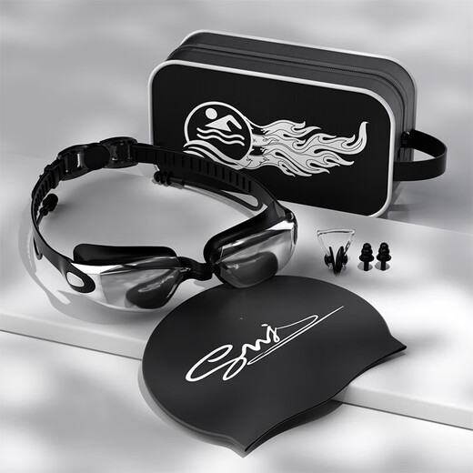 Shimeijia swimming goggles, high-definition anti-fog swimming goggles, swimming cap set, waterproof earplugs and nose clip glasses, electroplated black