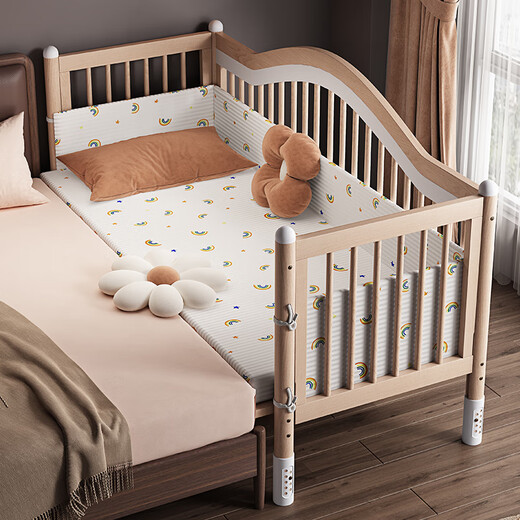Fengmian baby splicing bed children's solid wood beech wood baby widened and high guardrails can be raised and lowered customized small bed spliced large bedside Hakade crystal version single bed 160x80cm