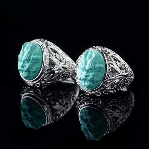 Fat Donglai's same style men's turquoise ring raw ore high porcelain silver women's domineering carved dragon head zodiac dragon ring without engraving pattern - silver holder style random