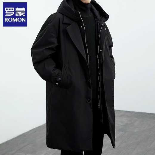 ROMON (ROMON) 2025 autumn and winter new men's green coat men's jacket fake two-piece hooded mid-length windbreaker parka overcomes trend classic black [Spring and autumn/Parke coat/German style/Big 4XL Recommended 180-200Jin [Jin equals 0.5 kg]