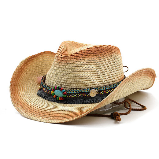 Woodpecker brand spring and summer bohemian style western cowboy straw hat foldable summer windproof rope Tibetan style hat Kaka M (56-58cm)