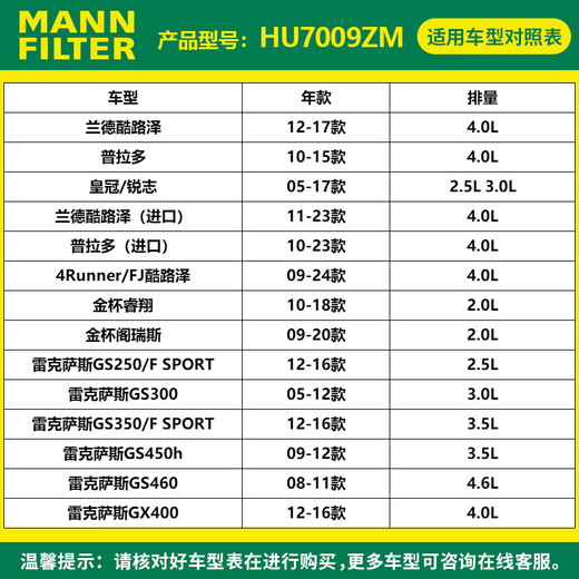 曼牌滤清器曼牌滤清器HU7009ZM机油格滤芯适用一汽丰田普拉多/皇冠/锐志 GS HU7009ZM