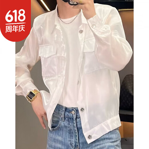 宾屏琛哥男装-外套1047男士高品质蝴蝶水钻珠光防晒夹克外套 白色 M _130斤以下