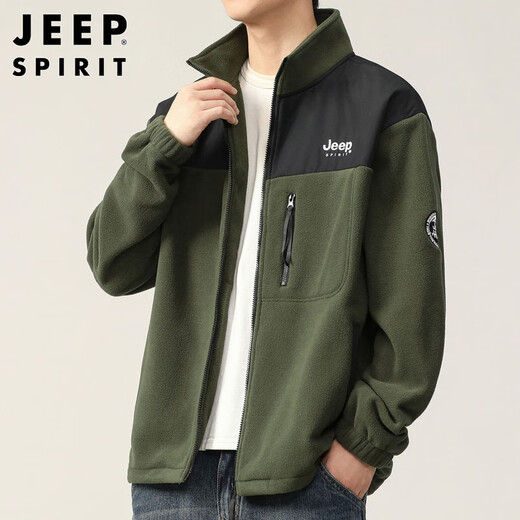 JEEP SPIRIT Jeep jacket men's autumn and winter sweatshirt men's polar fleece casual cardigan fleece clothes military green 2XL