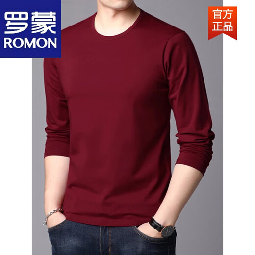 ROMON (ROMON) spring and autumn pure cotton long-sleeved T-shirt men's base shirt loose round neck autumn clothes burgundy middle-aged men's top gray 723 M suitable for 100-120 Jin [Jin equals 0.5 kg]
