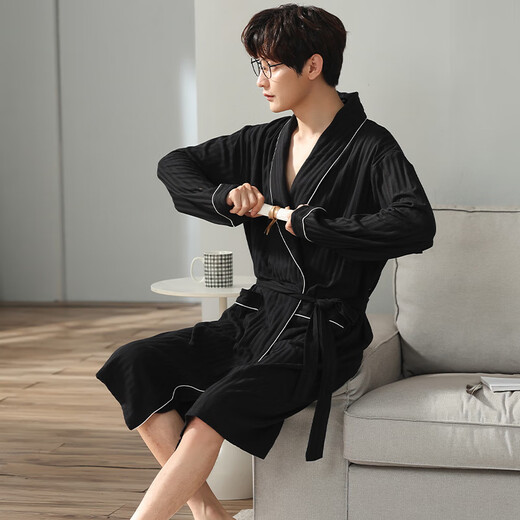 Sherceman men's nightgown men's spring cotton thin large size loose yukata solid color long simple home clothing XL