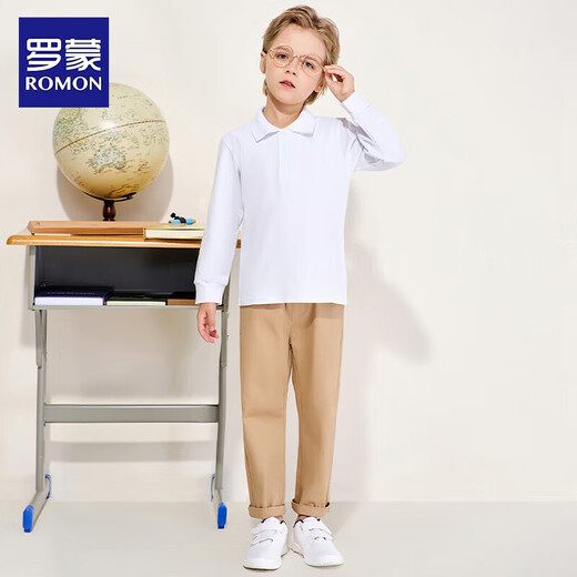 Luo Meng children's velvet polo shirt for boys and girls white T-shirt winter long-sleeved campus wear white velvet 160